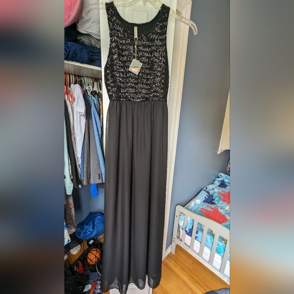New Beautiful Women's Maxi Long gown sleeveless Black dress sequin Size S weddin